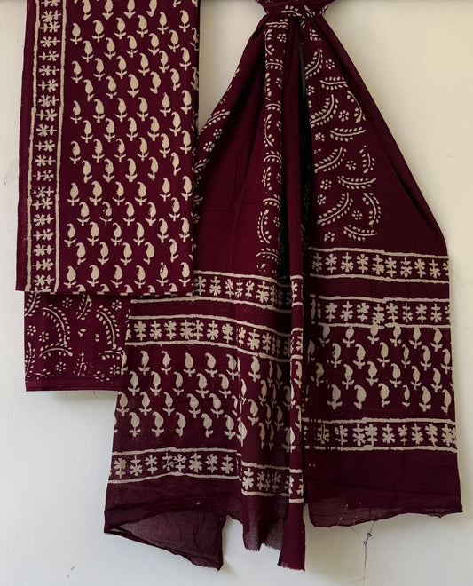 Handblock Cotton Unstitched suit-Maroon (ST01)