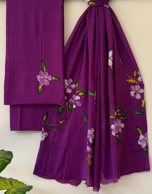 Hand painted Cotton Unstitched Suit-Purple (ST27)