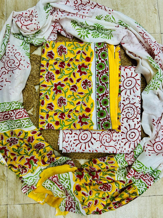 Handblock Cotton Unstitched suit-Yellow n white (AT12)
