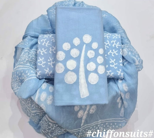 Hand Painted Mul Cotton Unstitched Suit-Blue (ST34)