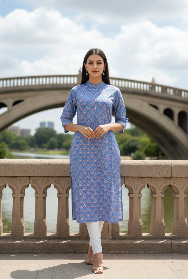 Ikshita Cotton Straight Kurta-Sky Blue