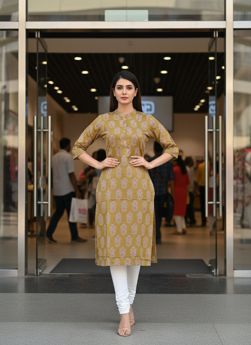 Ikshita Cotton Straight Kurta-Mehdi Green