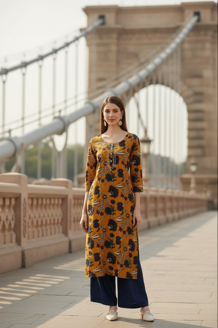 Kanak Cotton Straight Kurta-Mustard Yellow