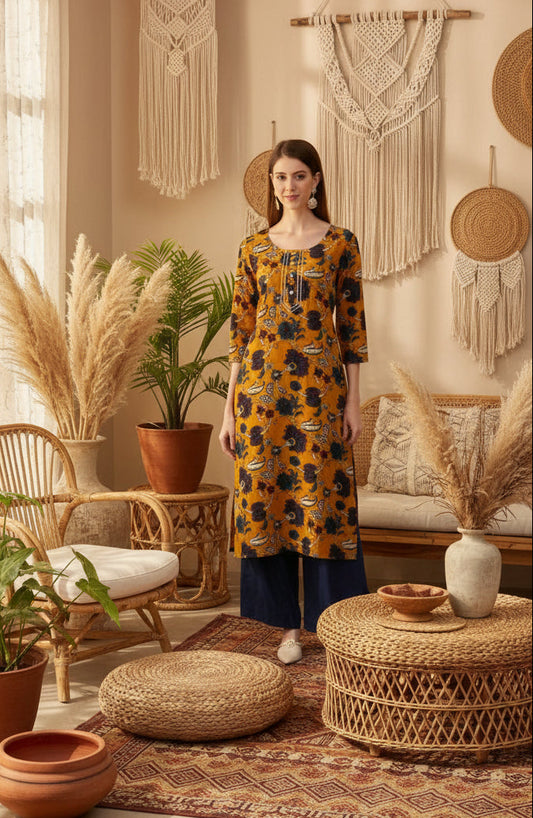 Kanak Cotton Straight Kurta-Mustard Yellow
