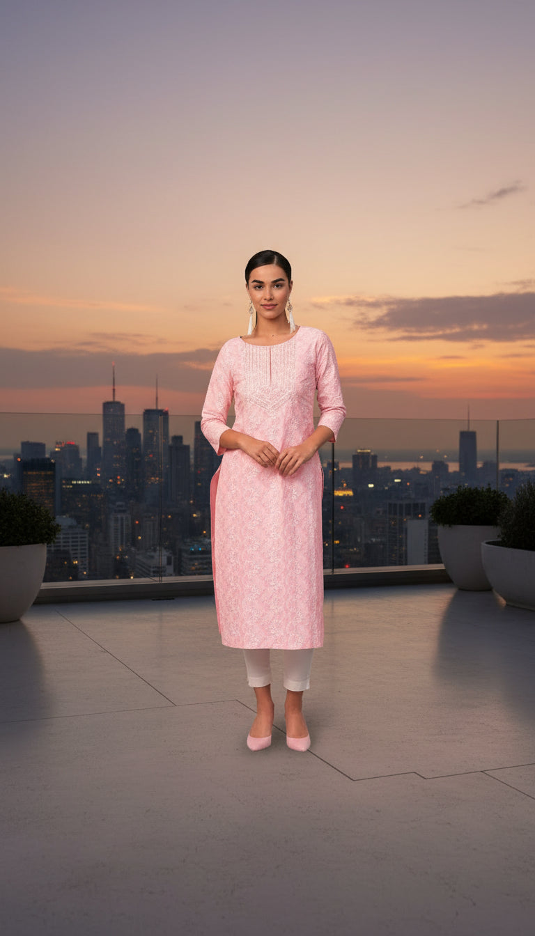 Kanak Cotton Straight Kurta-Light Pink