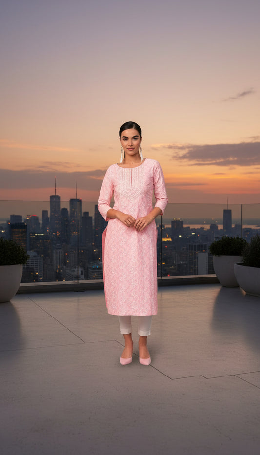 Kanak Cotton Straight Kurta-Light Pink