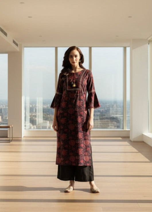 Ramaya Cotton A-line Kurta-Black Red