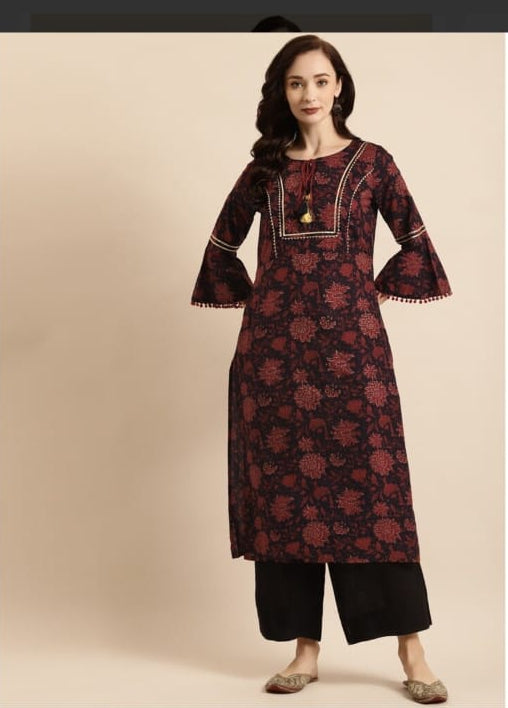 Ramaya Cotton A-line Kurta-Black Red