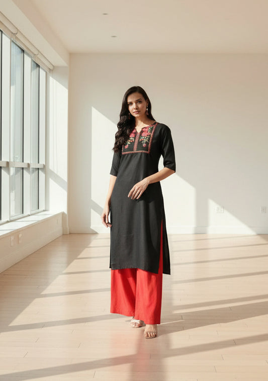 Kanak Cotton Straight Kurta-Black