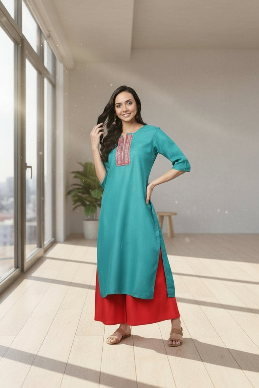 Kanak Cotton Straight Kurta-Firozi Green