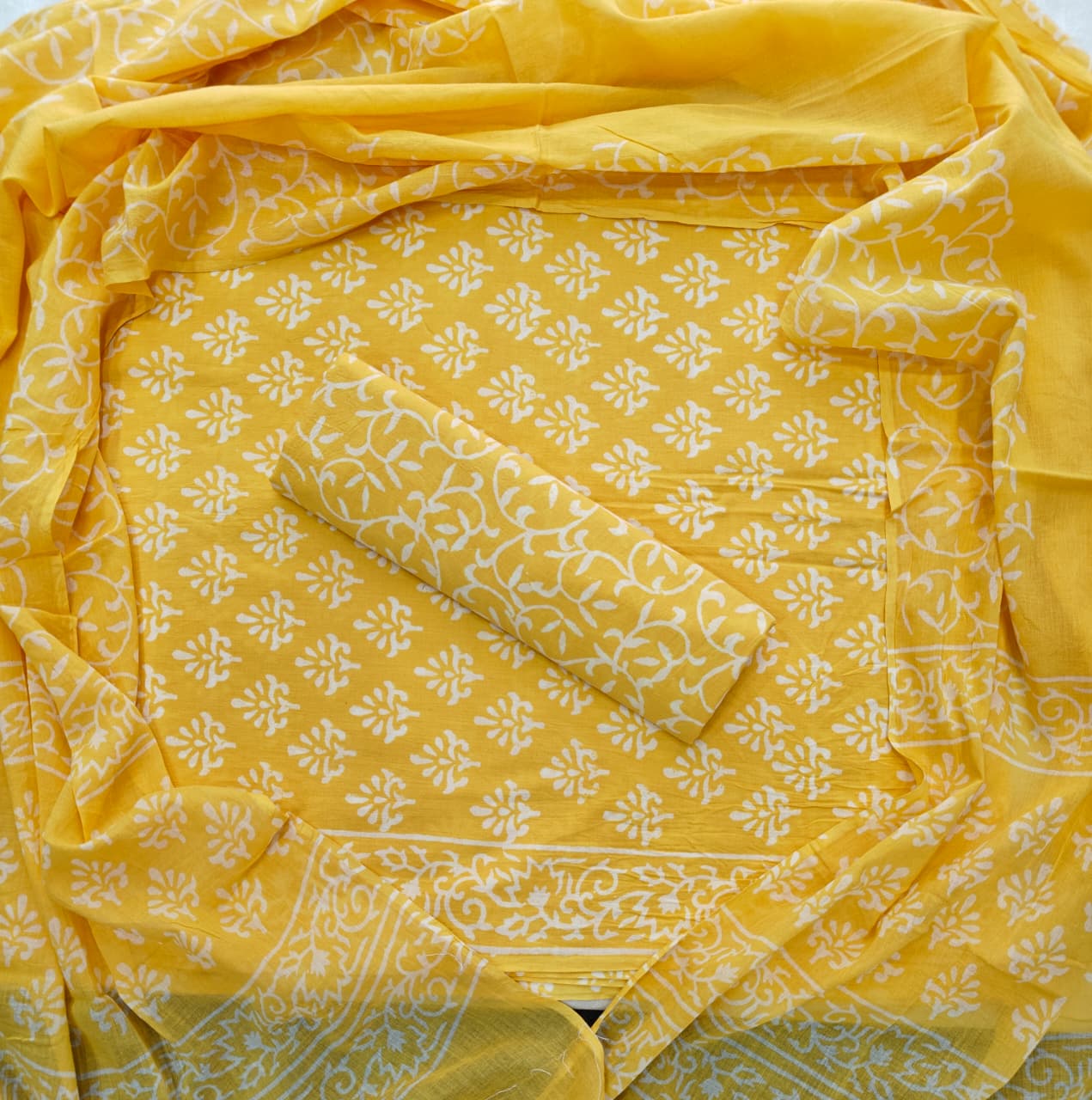 Handblock Cotton Unstitched suit-Yellow
