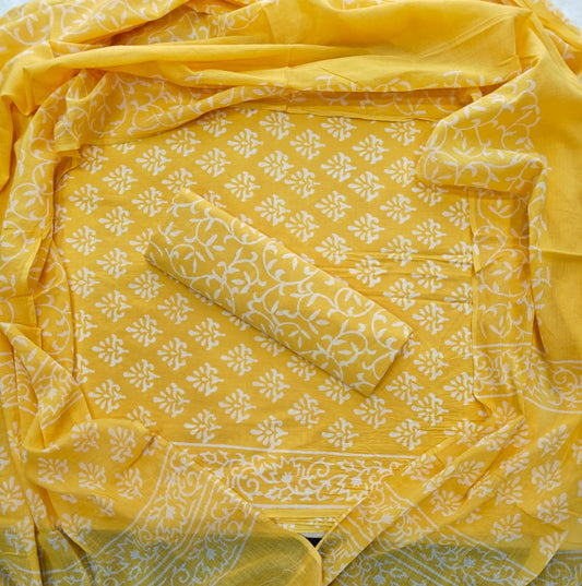 Handblock Cotton Unstitched suit-Yellow