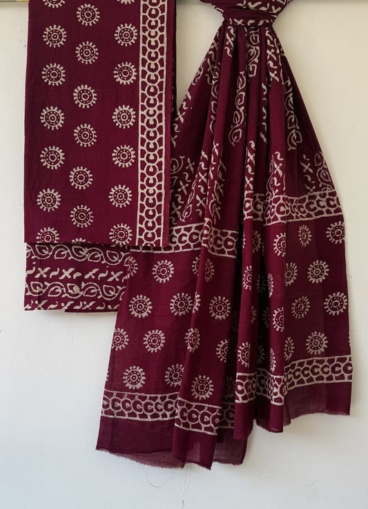 Handblock Cotton Unstitched suit-Dark Red(maroon)