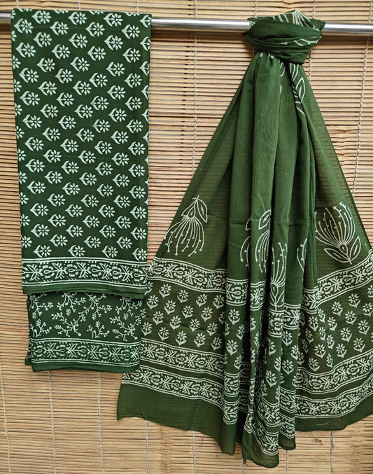 Handblock Cotton Unstitched suit-Dark Green