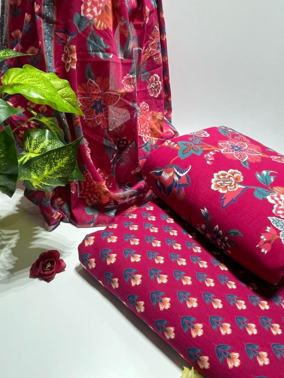 Handblock Cotton Unstitched suit-Dark Pink