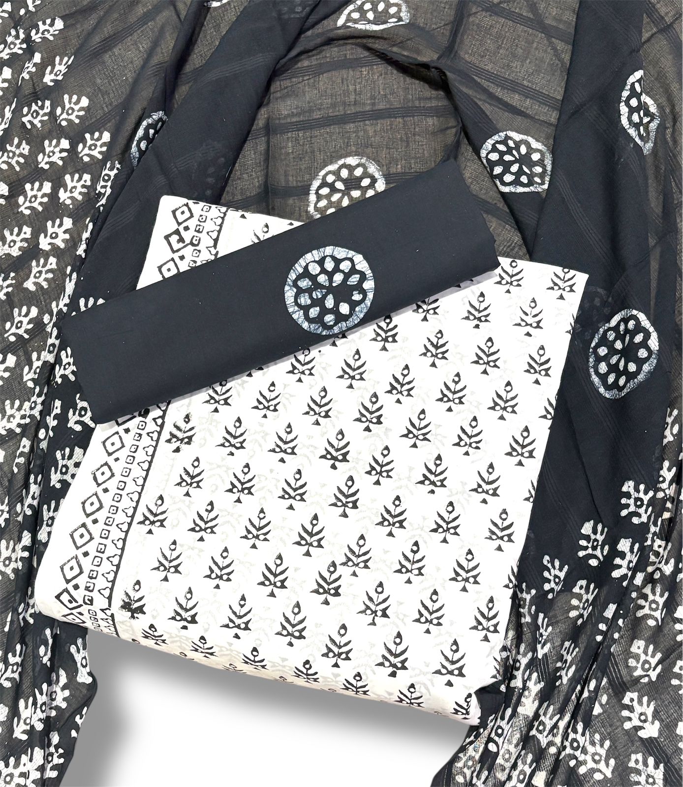 Batik Cotton Unstitched suit-White n black