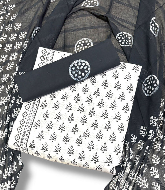 Batik Cotton Unstitched suit-White n black