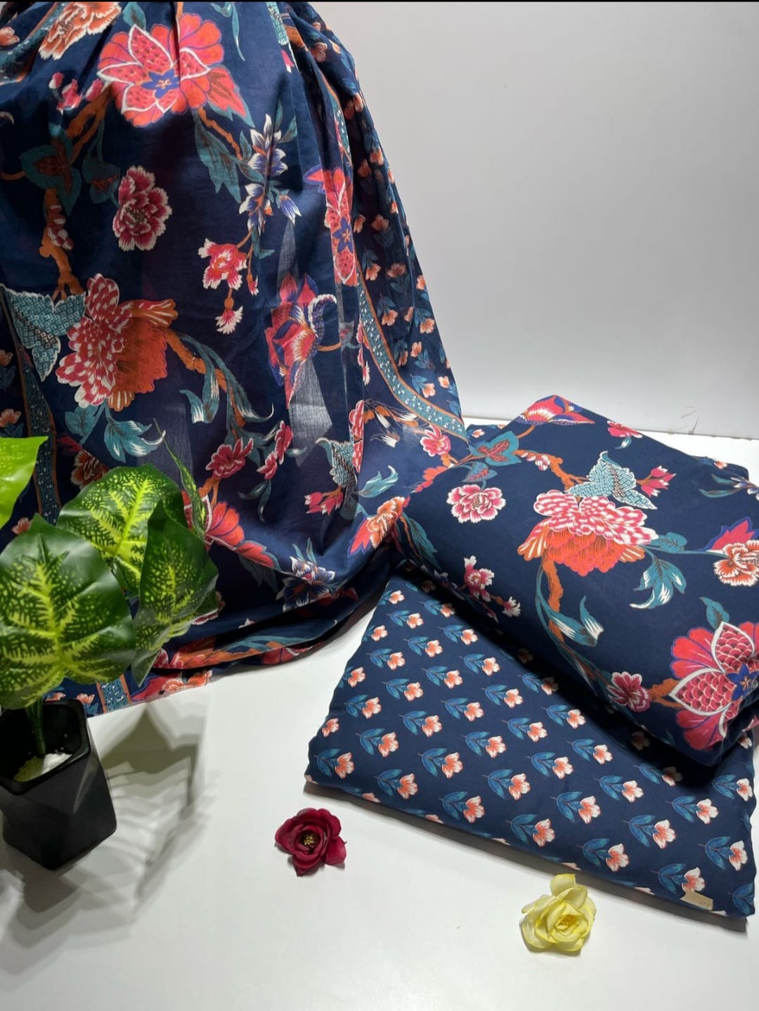 Handblock Cotton Unstitched suit-Dark Blue