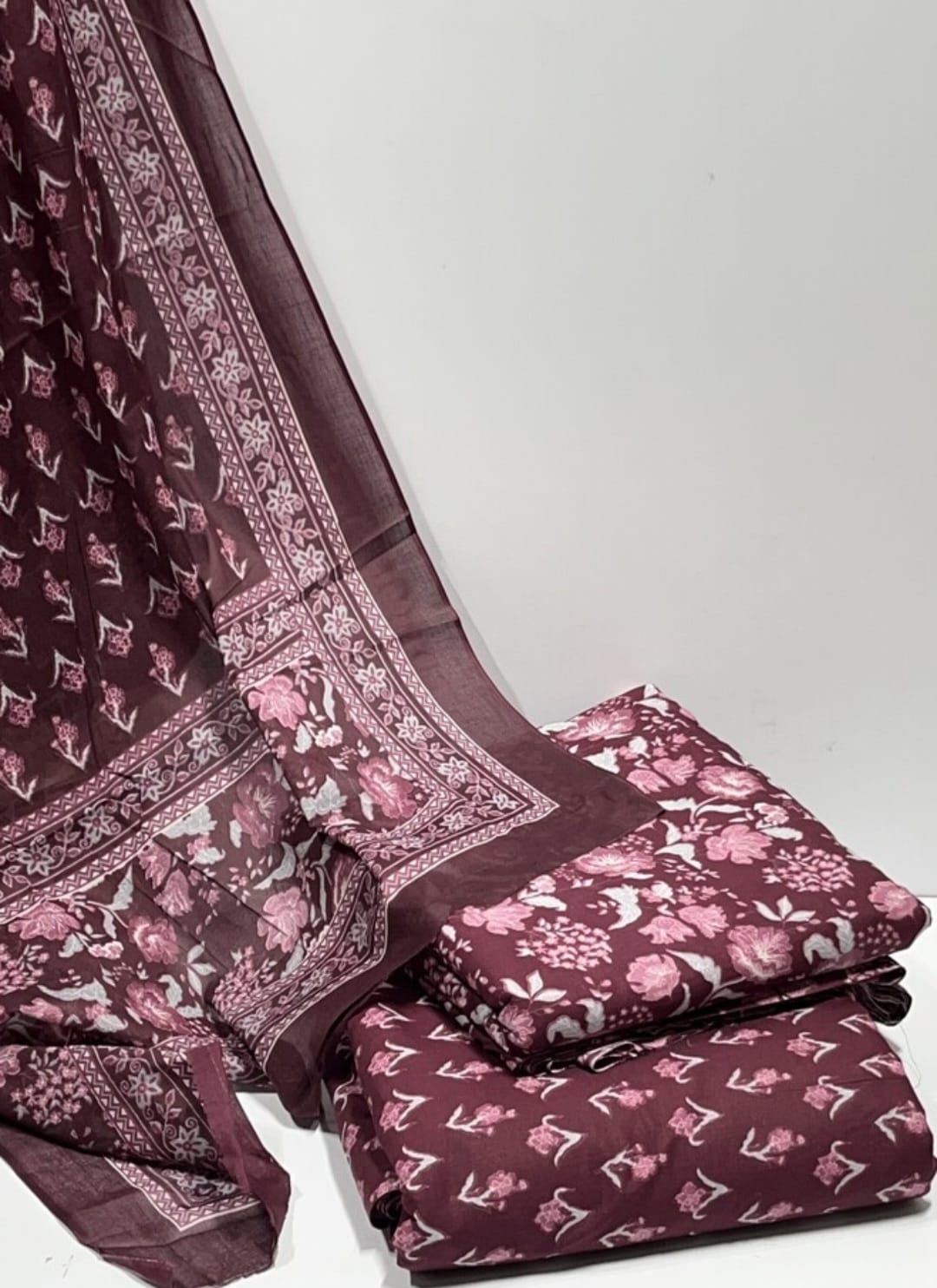 Handblock Cotton Unstitched suit-Maroon