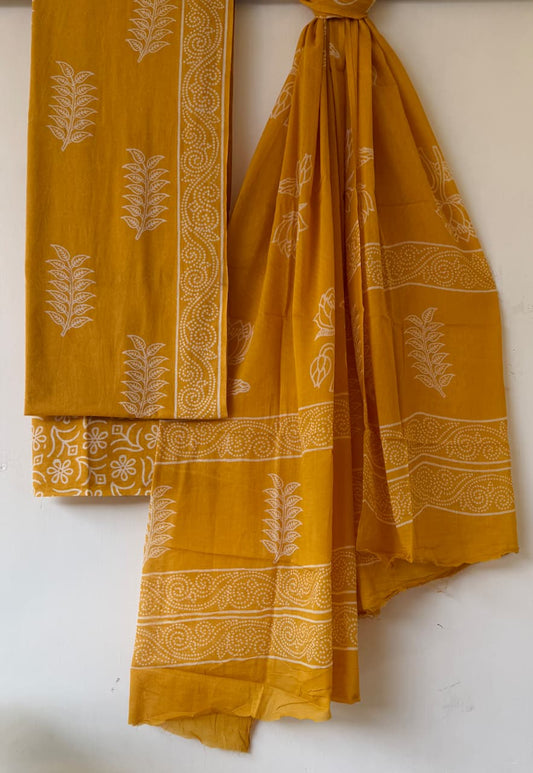 Handblock Cotton Unstitched suit-Yellow