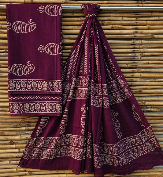 Handblock Cotton Unstitched suit-Dark Red(maroon)