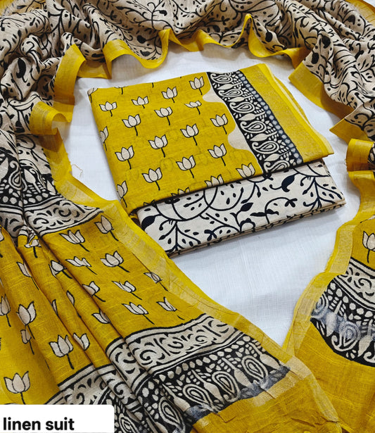 Linen Festivewear Unstitched suit-yellow & white