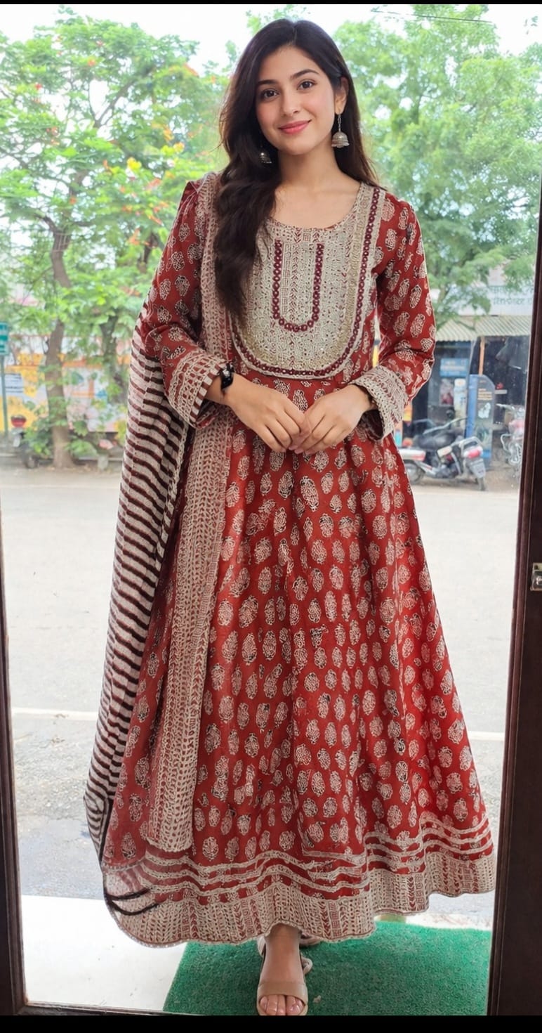 Avantika Anarkali Suit Set-Brick Red