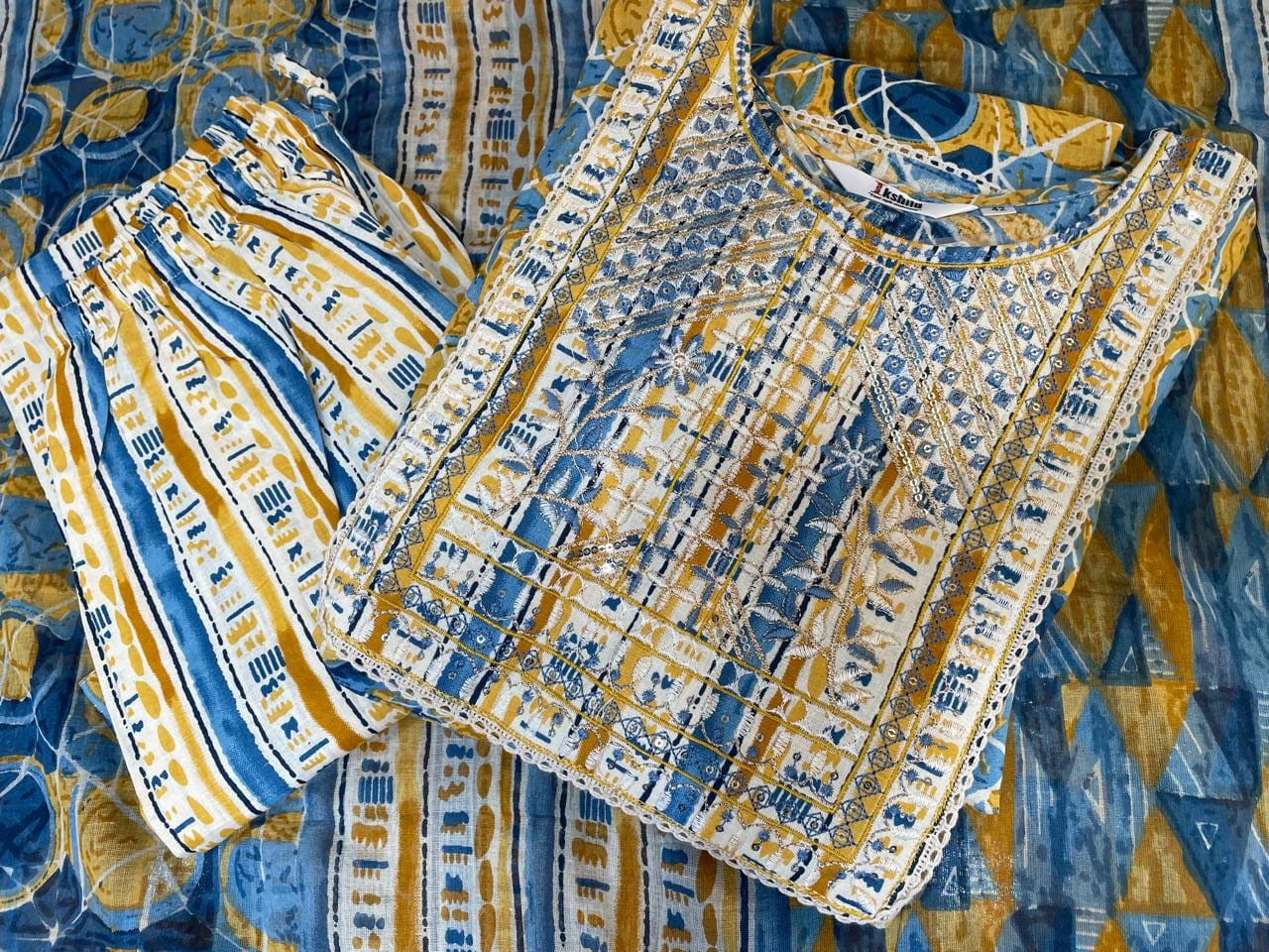 Avantika Anarkali Suit Set-Blue & yellow
