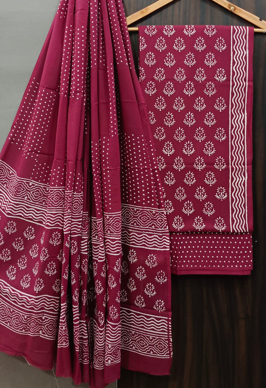 Handblock Cotton Unstitched suit-Maroon