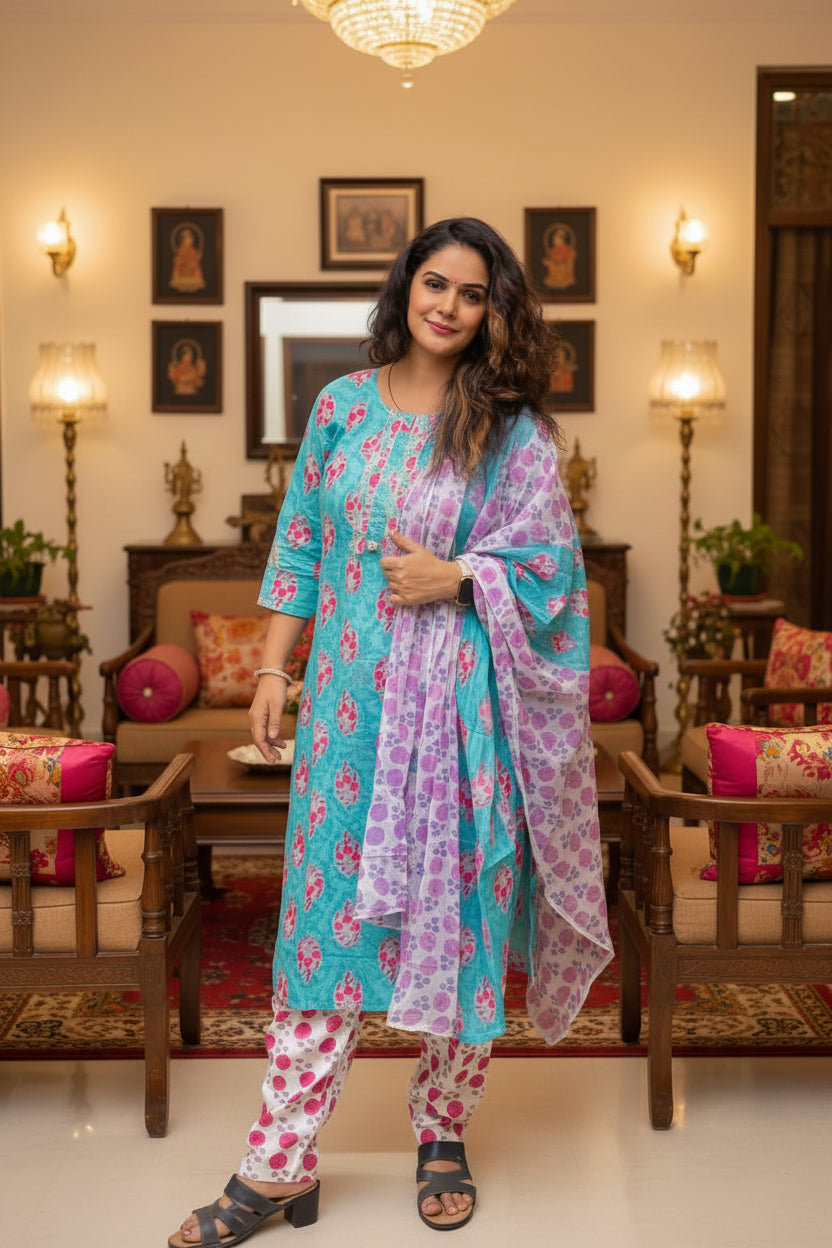 Ikshita Straight Suit Set-skyblue n white