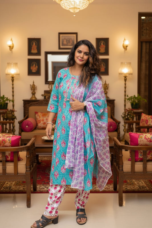 Ikshita Straight Suit Set-skyblue n white