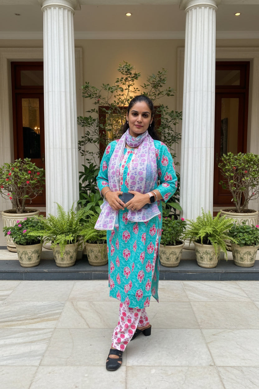 Ikshita Straight Suit Set-skyblue n white