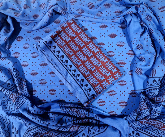 Handblock Cotton Unstitched suit-Blue (AD07)