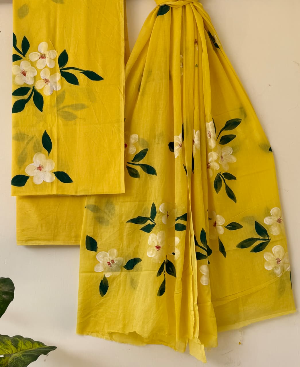 Hand painted Cotton Unstitched suit-Yellow (ST28)