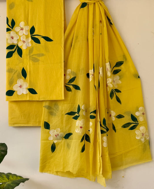 Hand painted Cotton Unstitched suit-Yellow (ST28)