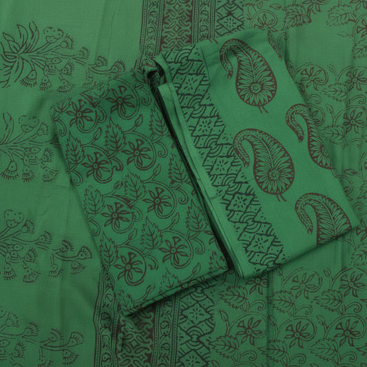 Handblock Cotton Unstitched suit-Dark Green(AT08)