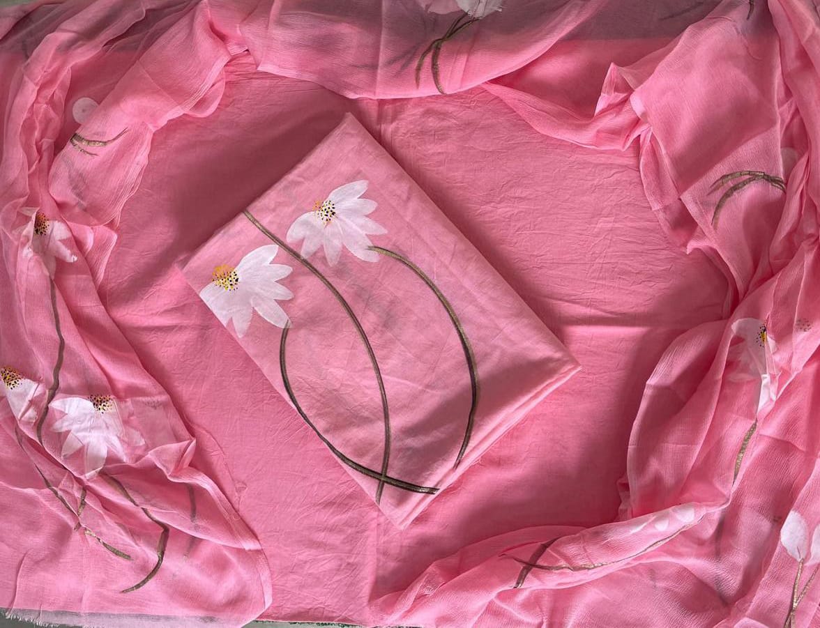 Hand Painted Floral Unstitched suit-Peach (ST37)