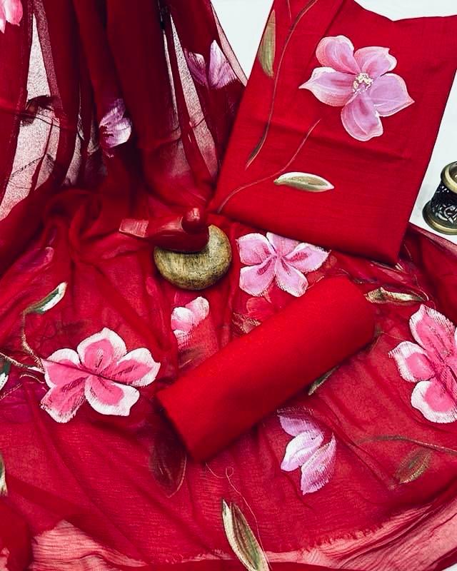 Hand Painted Floral Unstitched suit-Red (ST41)